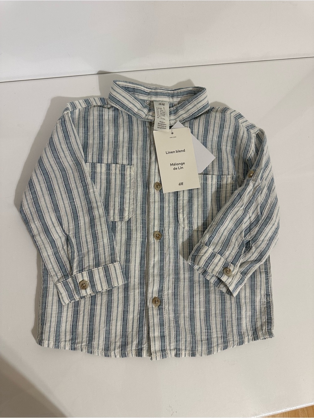 H&M Kids Blue & White Striped Linen-Blend Button-Down Shirt